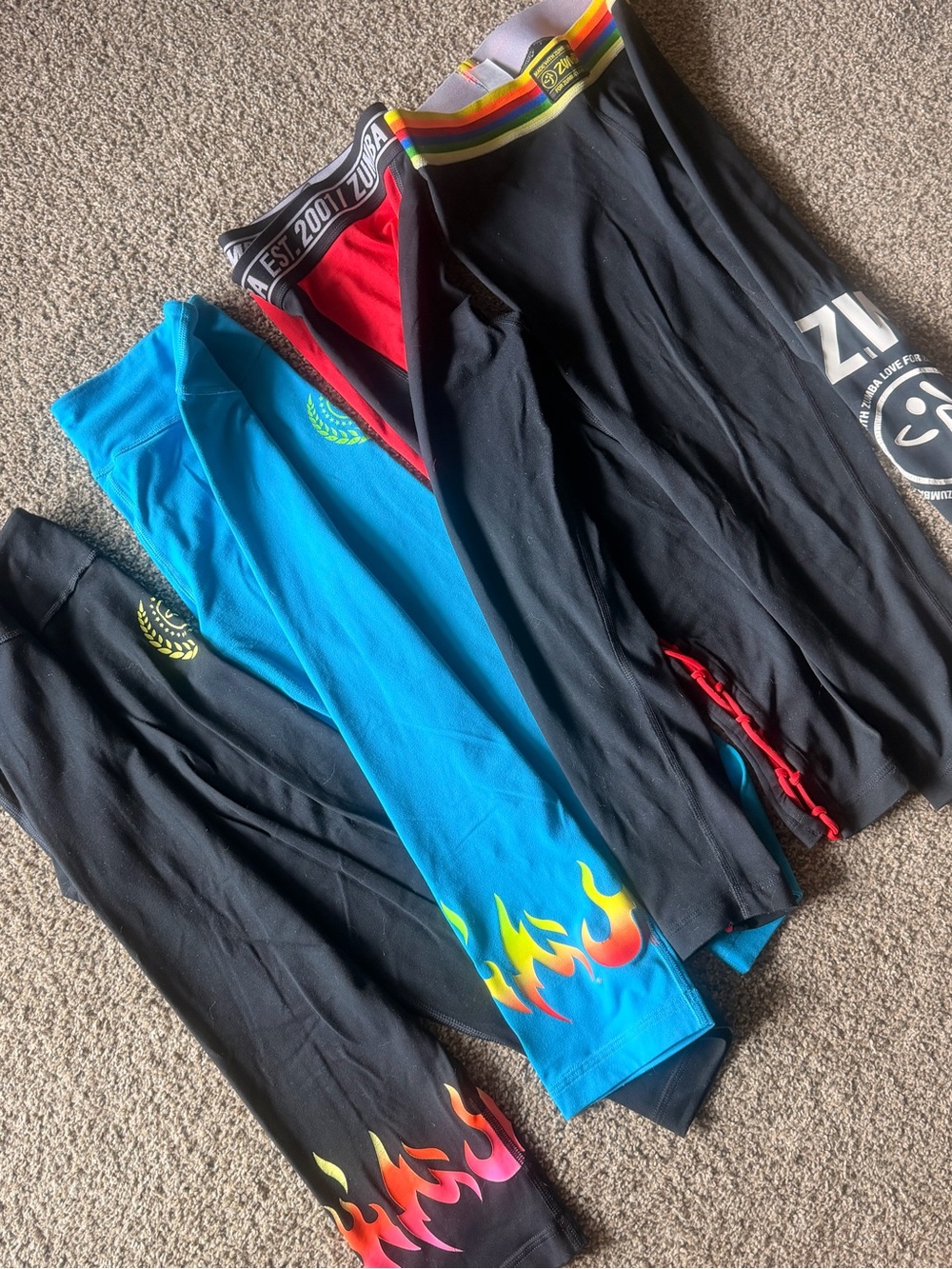 Zumba Fitness Black, Red, Blue & Pink Flame and Lace-Up Leggings Bundle Set of 4 - Picture 2 of 11
